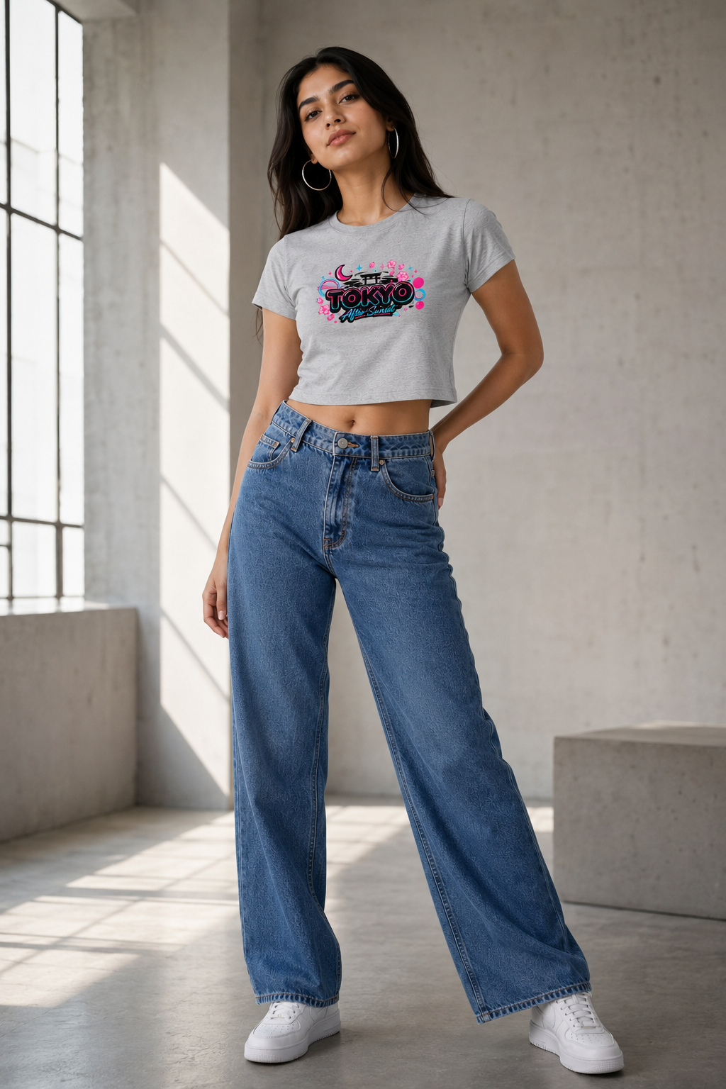 Tokyo After Sunset Y2K Graphic Crop Top – Light Grey