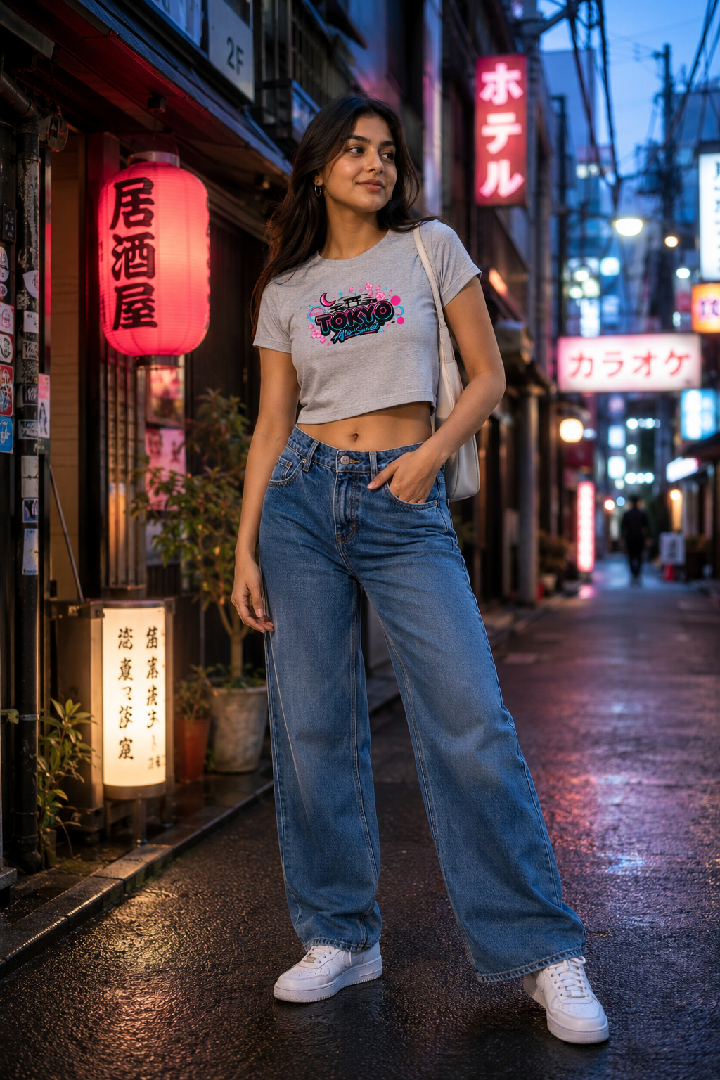 Tokyo After Sunset Y2K Graphic Crop Top – Light Grey