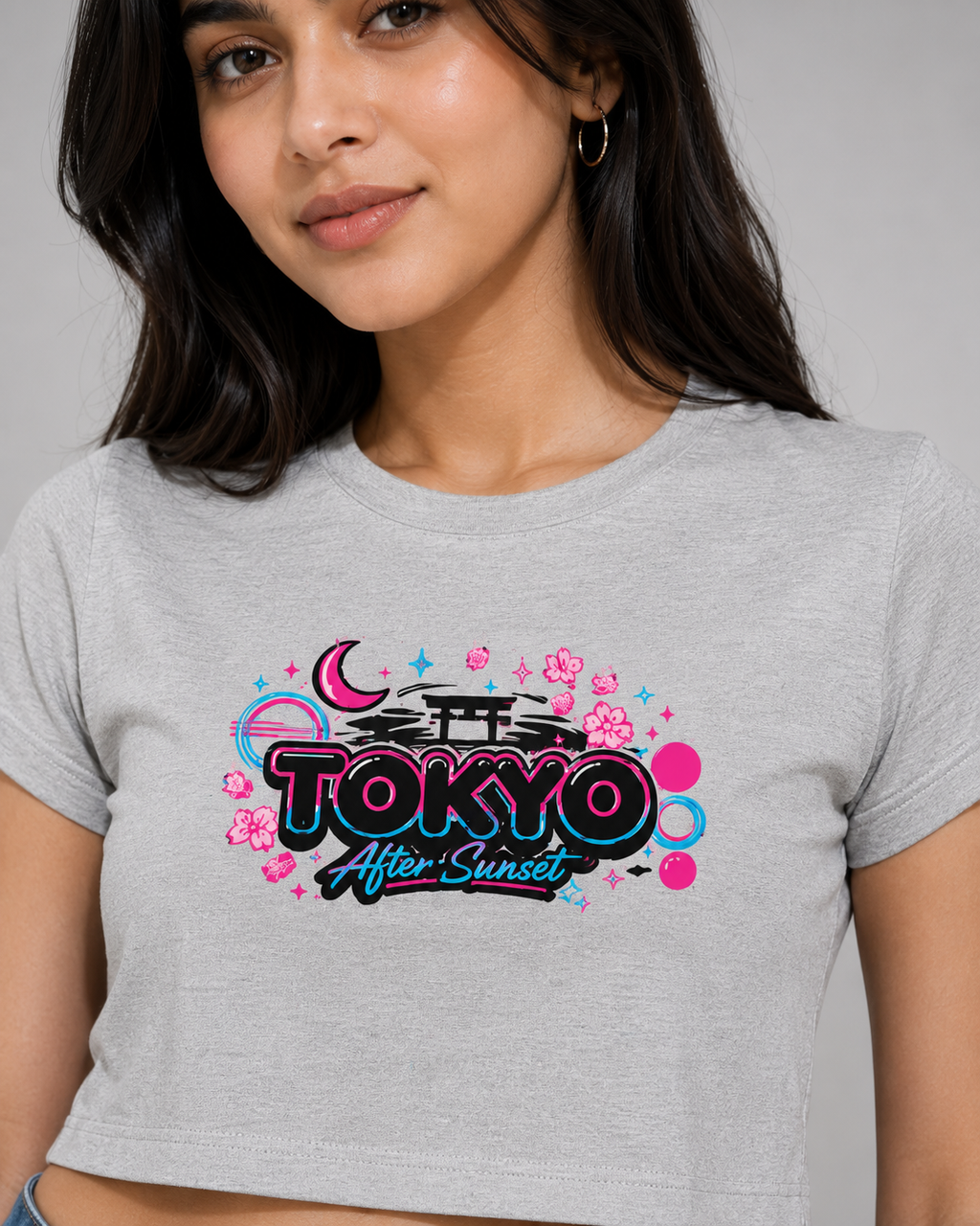Tokyo After Sunset Y2K Graphic Crop Top – Light Grey