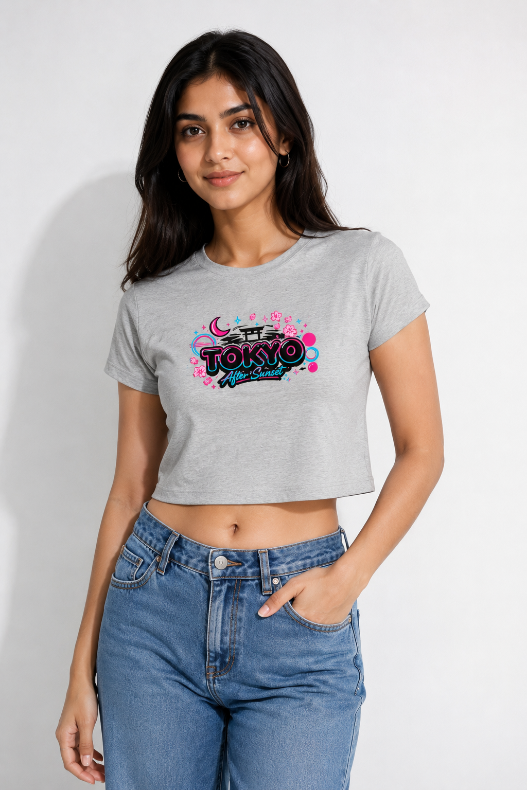 Tokyo After Sunset Y2K Graphic Crop Top – Light Grey