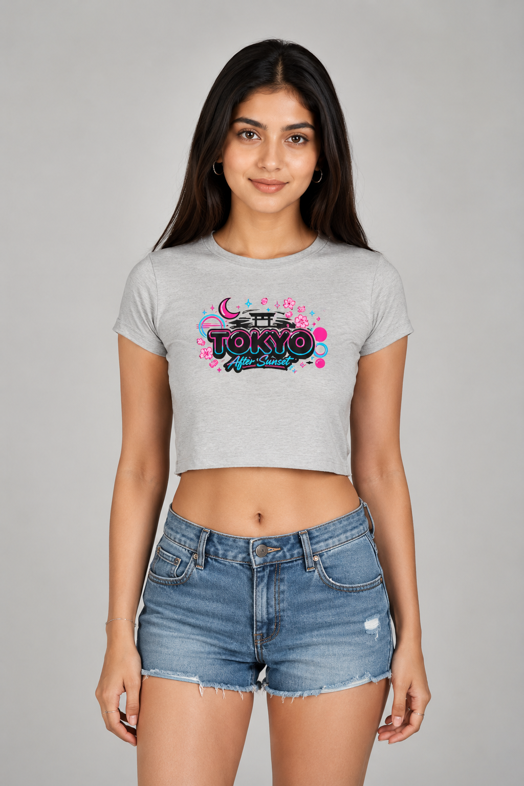 Tokyo After Sunset Y2K Graphic Crop Top – Light Grey