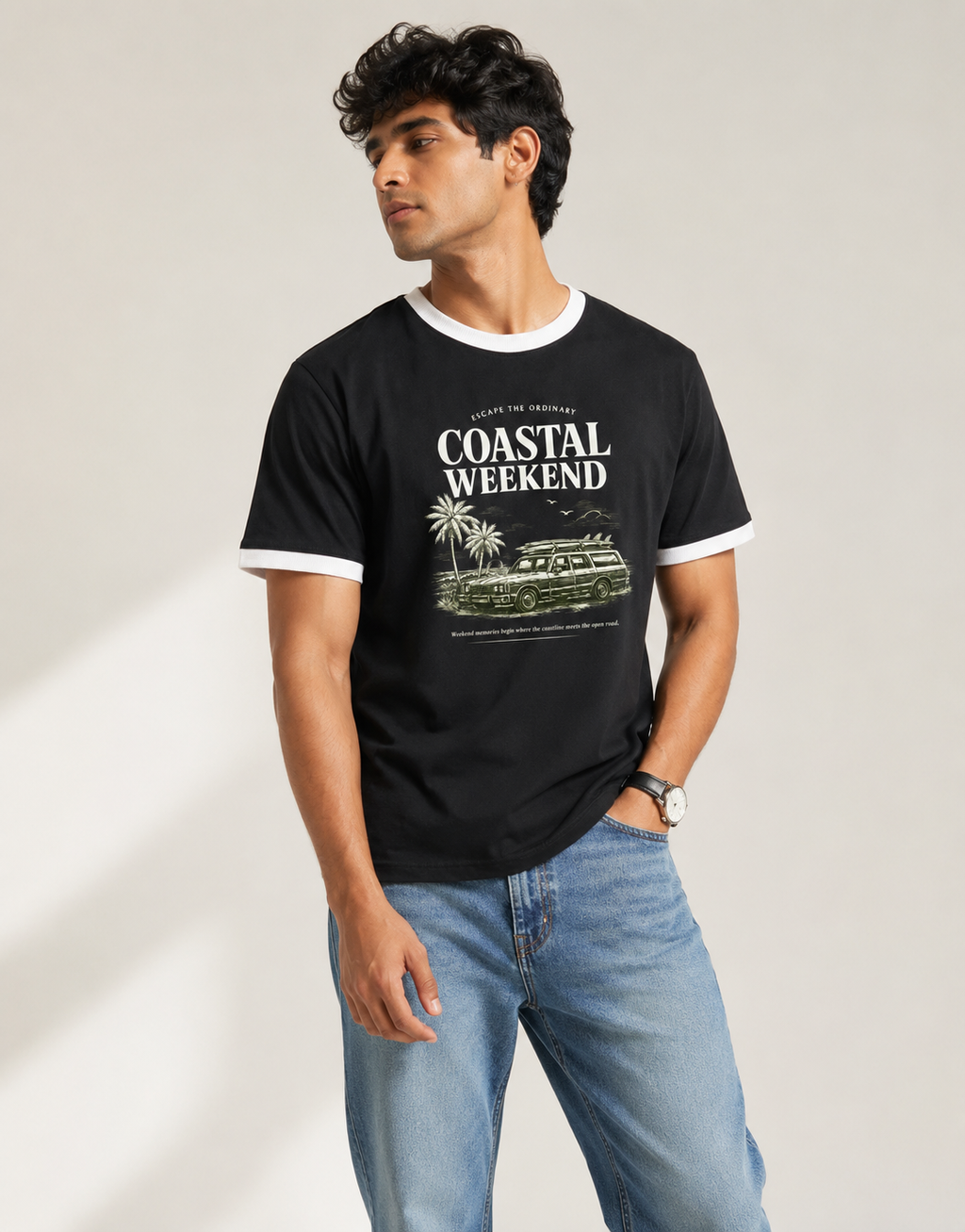 Coastal Weekend Vintage Ringer T-Shirt – Black