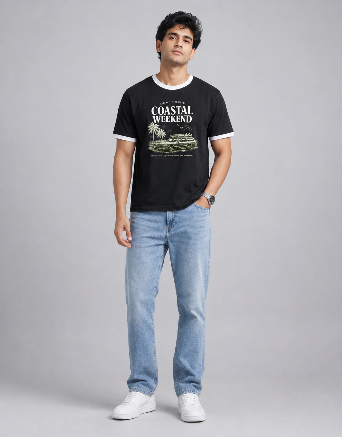 Coastal Weekend Vintage Ringer T-Shirt – Black
