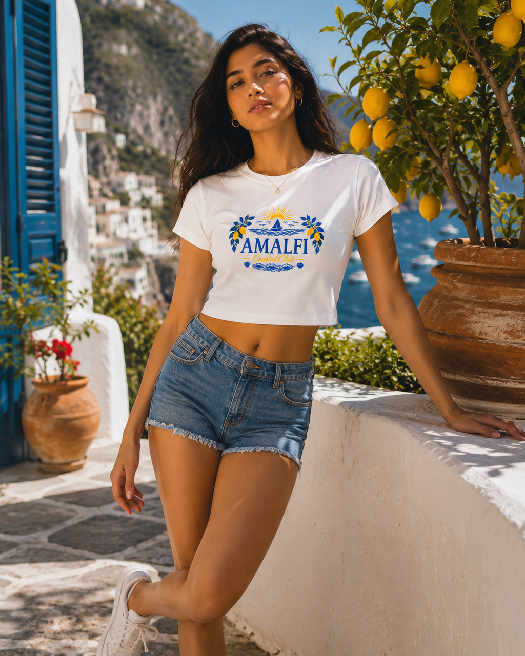 AMALFI Coastal Club Baby Tee – Mediterranean Resort Graphic Crop Top