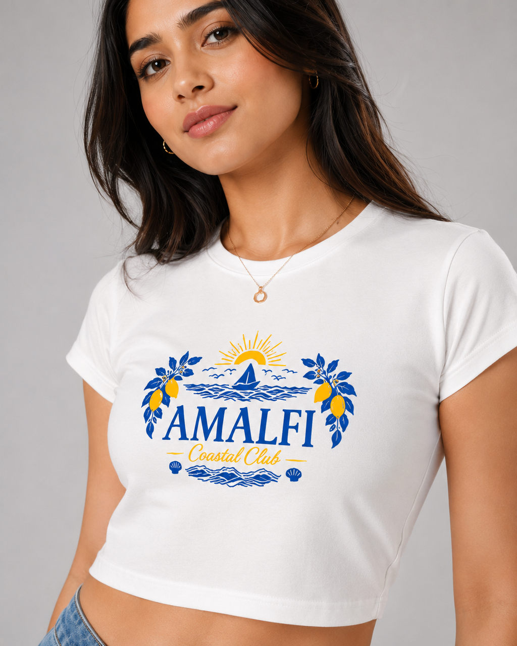AMALFI Coastal Club Baby Tee – Mediterranean Resort Graphic Crop Top